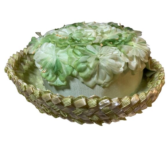 Ladies Green Floral Vintage Breton Style Hat Wide Ribbon Accent Union Made - Picture 1 of 14